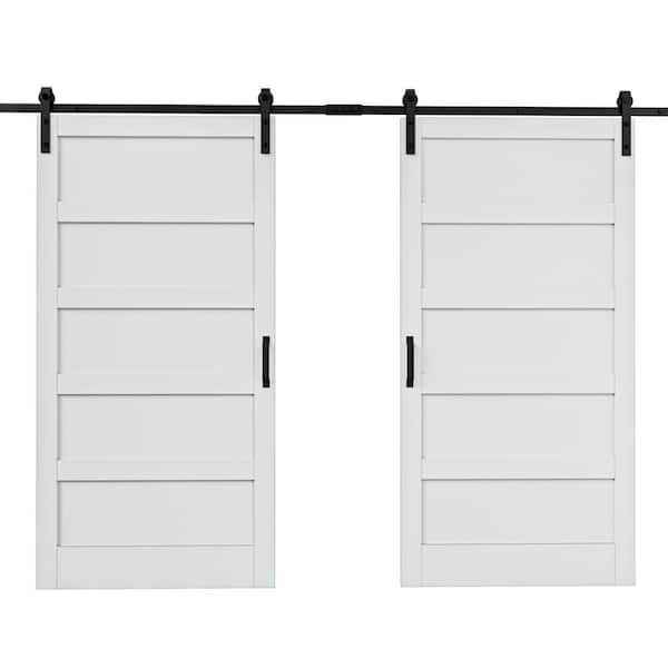 ARK DESIGN 84 in. W. x 84 in. Paneled 5-Lites White MDF with PVC Prefinished Sliding Barn Door Slab with Installation Hardware Kit
