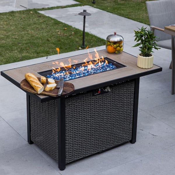 42 in. 50,000 BTU Metal Rectangular Propane Outdoor Fire Pit Table with Cover, Glass Bead and Lid for Backyard, Gray