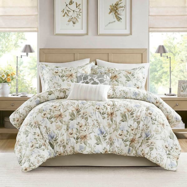 5-Piece Full/Queen Modern Elegance Nature Inspired Floral Print 100% Cotton Sateen Duvet Cover Set for All Season Use