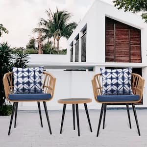 3-Piece Wicker Round Outdoor Bistro Set with Blue Cushions