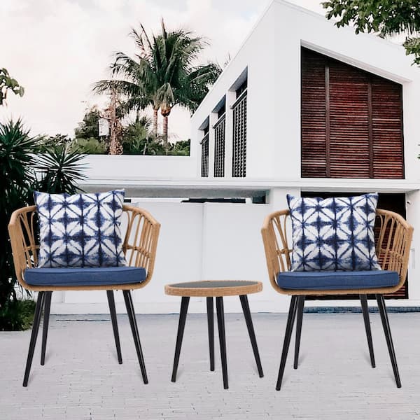 3-Piece Wicker Round Outdoor Bistro Set with Blue Cushions