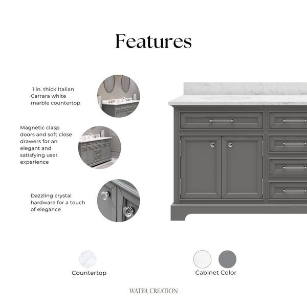 Water Creation Derby 72-in Cashmere Grey Double Sink Bathroom Vanity with Carrara White Natural Marble Top (Mirror Included)