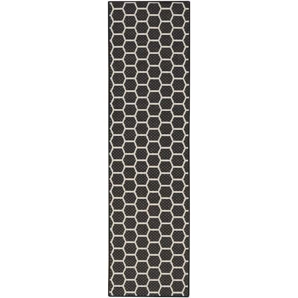 Reversible Indoor Outdoor Black 2 ft. x 8 ft. Honeycomb Contemporary Runner Area Rug