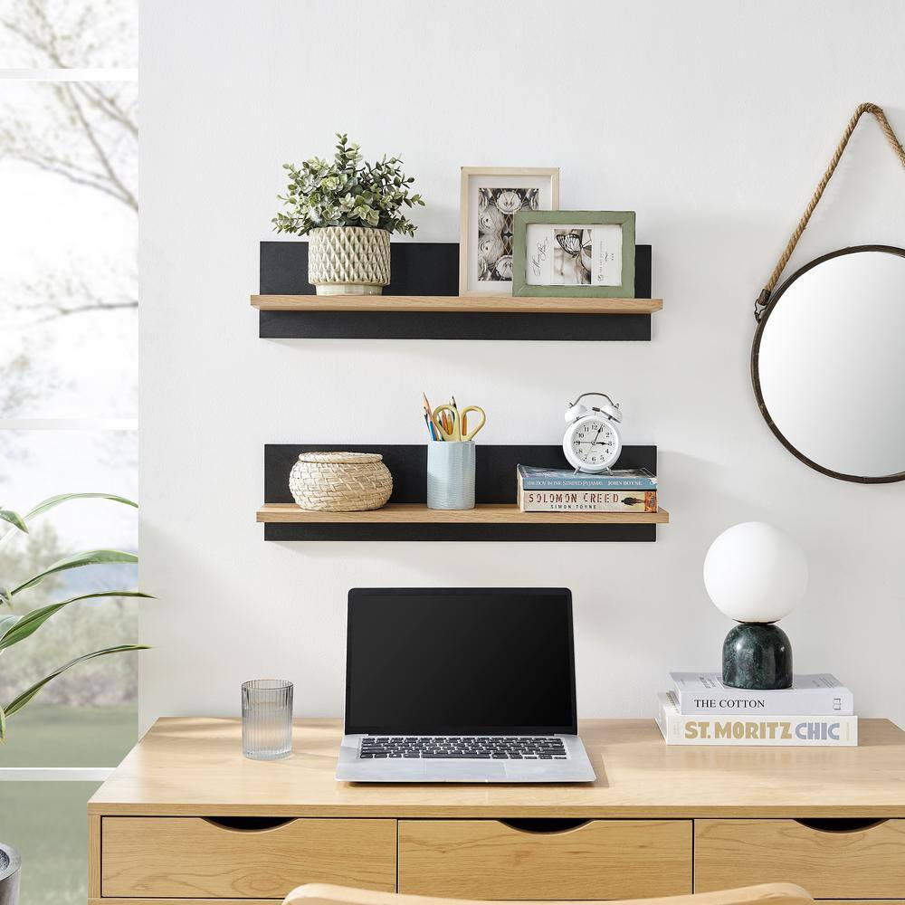 Chestnut and Black Wood Floating Wall Shelves Set of 2
