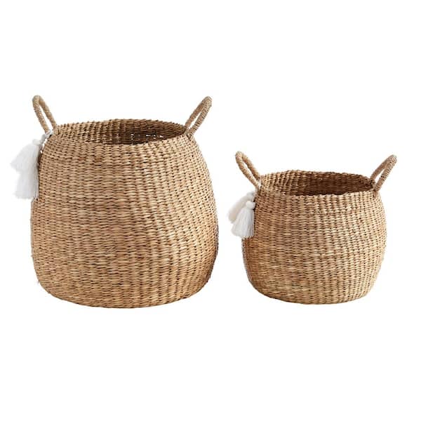 Round Natural Water Hyacinth Decorative Baskets with White Tassels (Set of 2)