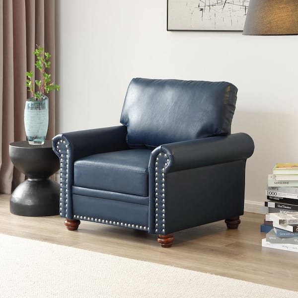 Daisy Navy Blue Faux Leather Upholstered Accent Arm Chair with Nailhead Trim, Rolled Armrests, Solid Wood Legs