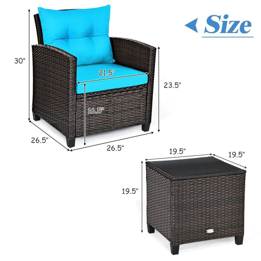 Turquoise Cushioned Rattan 3-Piece Patio Conversation Set