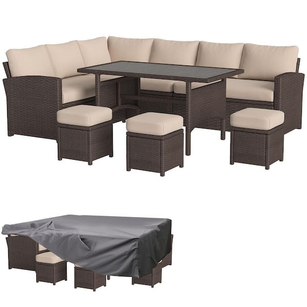 AECOJOY 7-Pieces Patio Wicker Furniture Dining Set with Beige Cushions and Cover