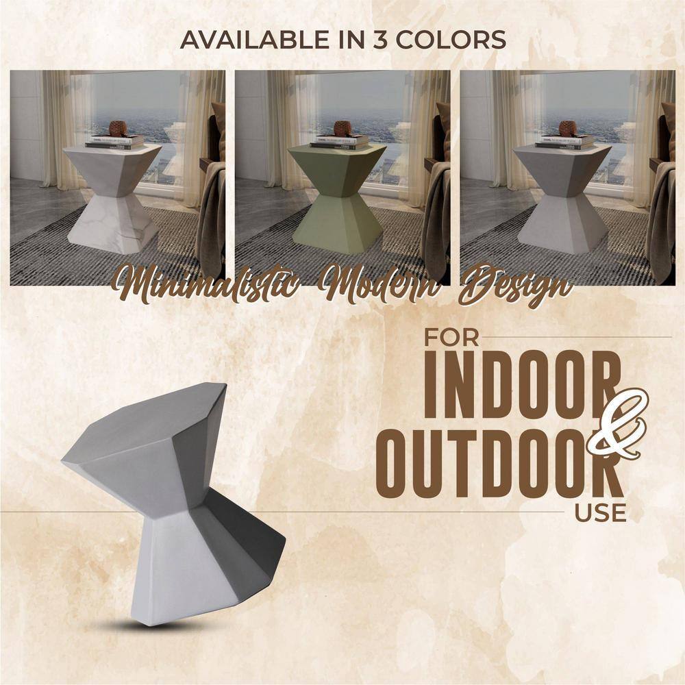 Three color variants of the geometric side table shown in a collage.
