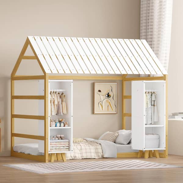 Natural and White Twin Size Wood House Bed with Roof and Two Movable Wardrobes