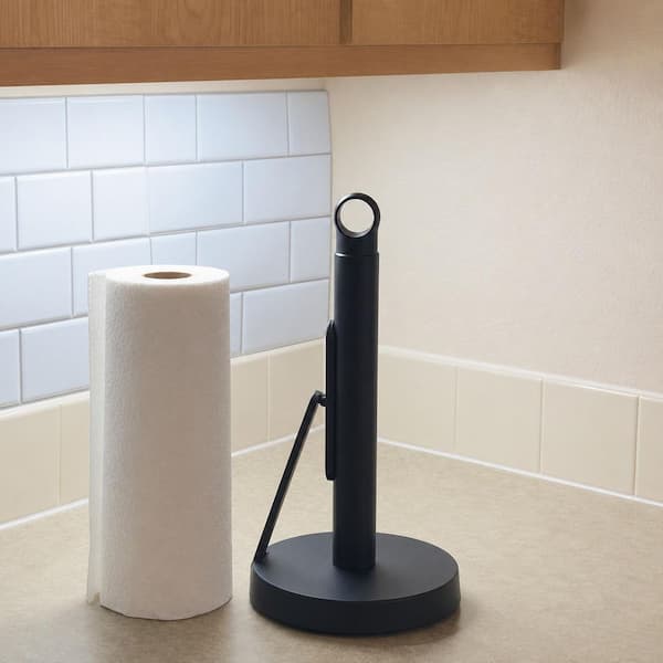 Freestanding Black Stainless Steel Paper Towel Holder with Weighted Base and Tension Arm for One-Hand Tear