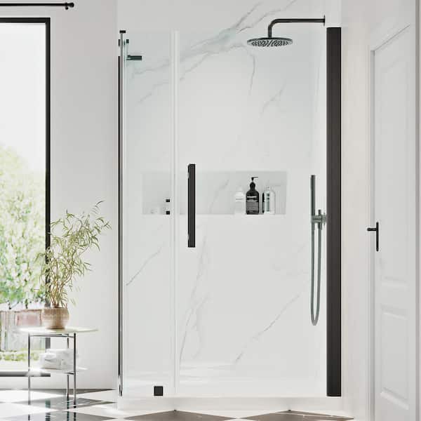 OVE Decors Pasadena 38 in. L x 36 in. W x 75 in. H Corner Shower Kit with Pivot Frameless Shower Door in Black and Shower Pan