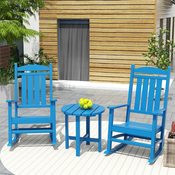 WESTIN OUTDOOR Laguna 3-Piece Classic Outdoor Patio Fade Resistant Plastic Rocking Chairs and Round  Side Table Set in Pacific Blue
