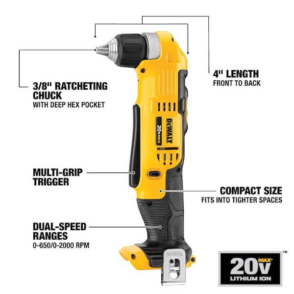 20V MAX Cordless 3/8 in. Right Angle Drill/Driver, (1) 20V MAX Compact Lithium-Ion 4.0Ah Battery, & 12V-20V MAX Charger