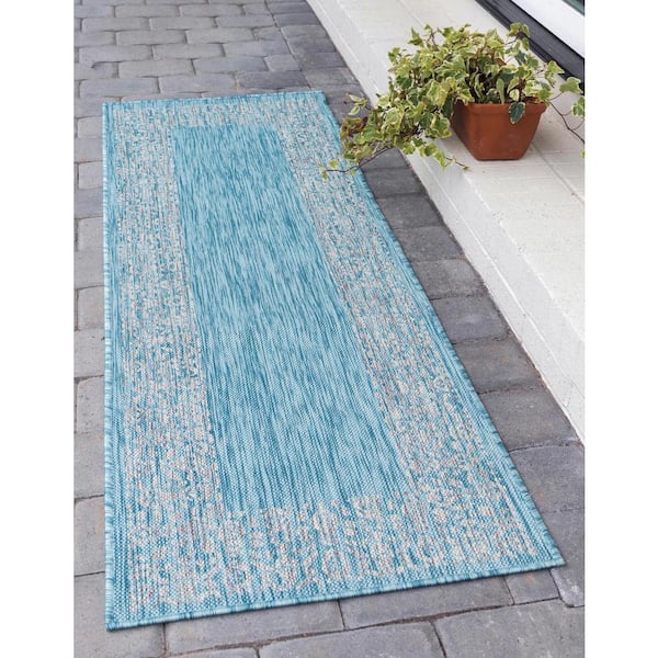 Outdoor Floral Border Aqua Blue 2 ft. x 6 ft. Runner Rug
