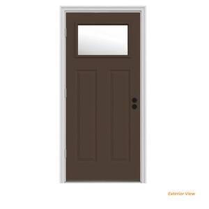 34 in. x 80 in. 1 Lite Craftsman Dark Chocolate Painted Steel Prehung Right-Hand Outswing Front Door w/Brickmould