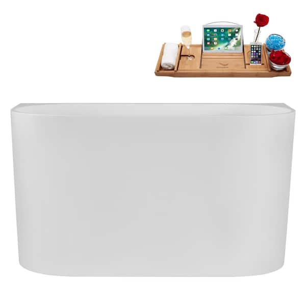 Streamline 47 in. x 24 in. Acrylic Freestanding Soaking Bathtub in Glossy White with Brushed Nickel Drain, Bamboo Tray