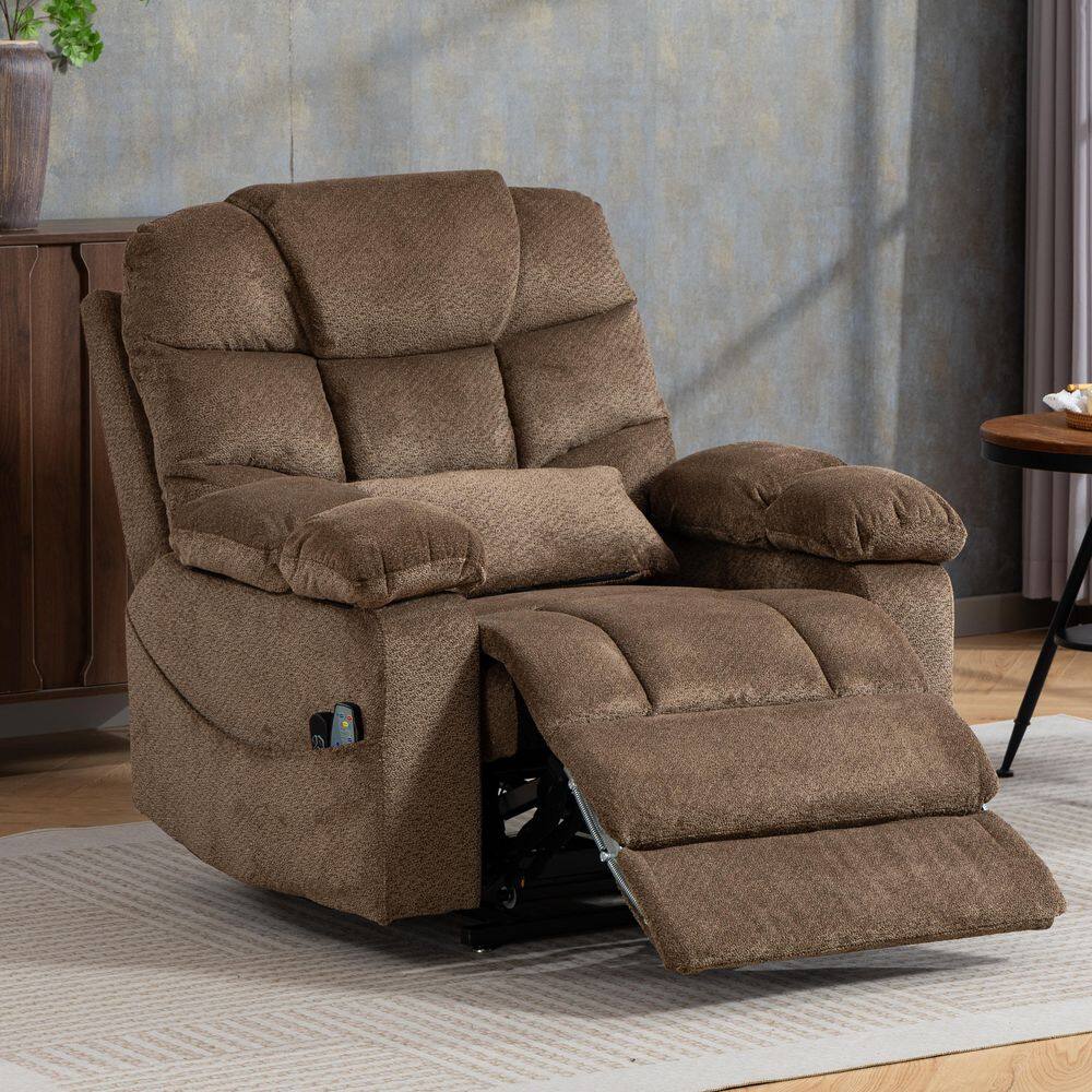 Brown 41.1 in. Wide Chenille Oversized Power Lift Recliner Up to 500 lbs. w/Extended Footrest, Storage, Massage, Heat
