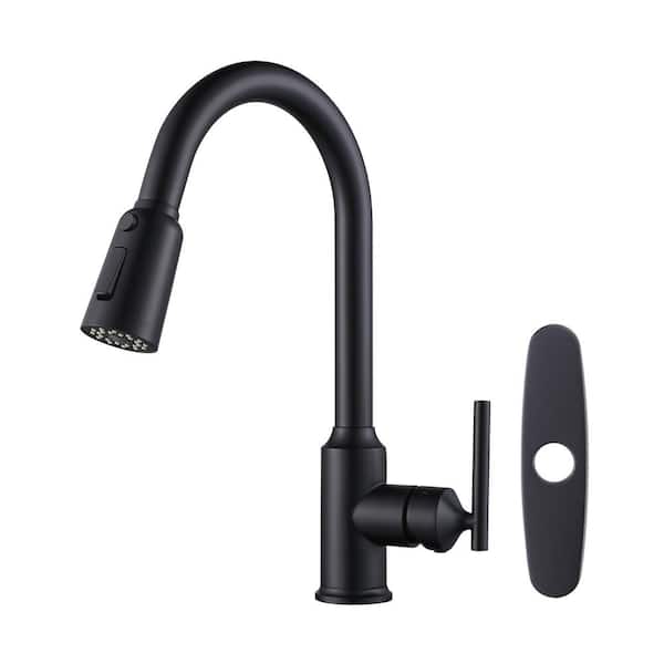 ARCORA Single Handle Pull Down Sprayer Kitchen Faucet with Deckplate in Matte Black