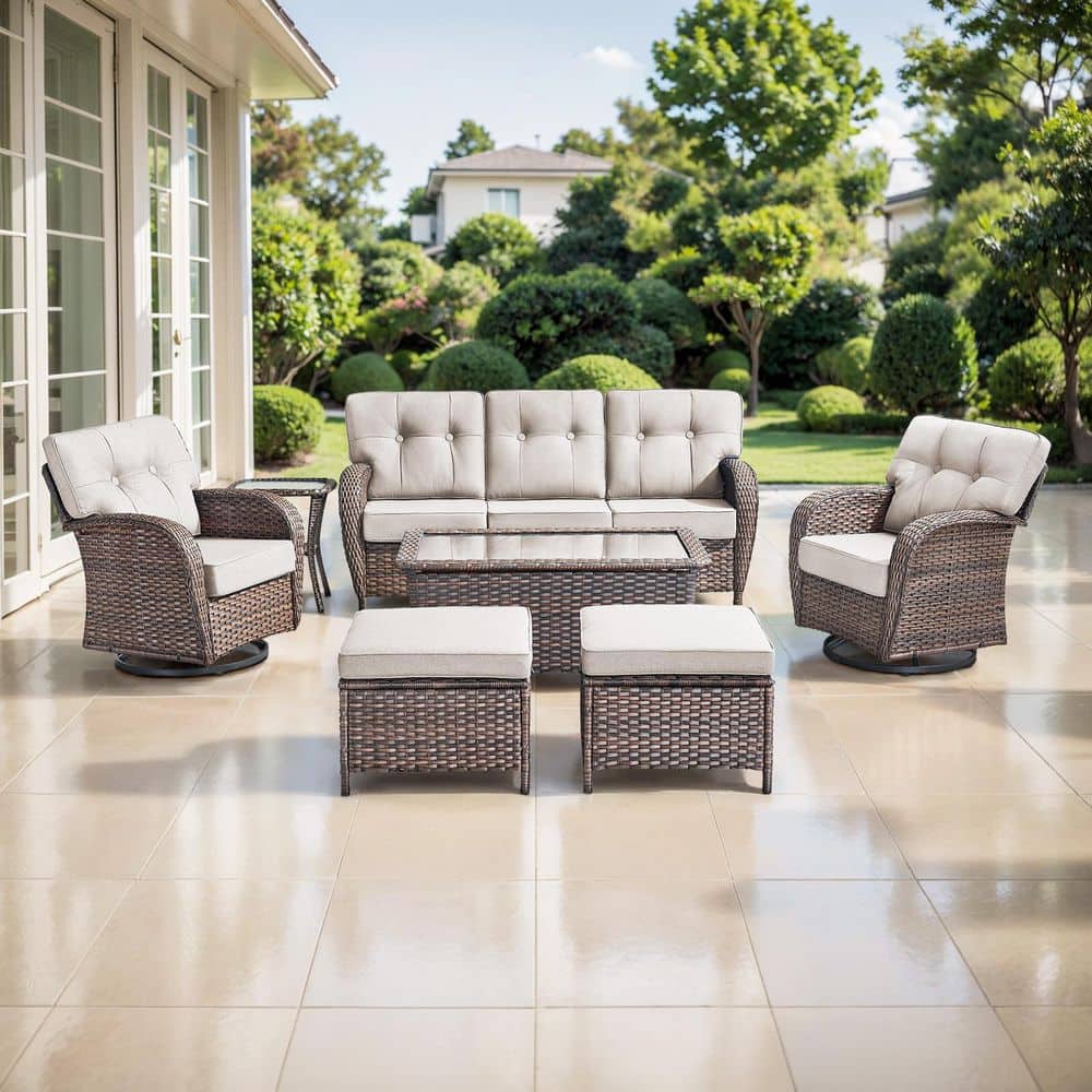 TWrap Brown 7-Piece Wicker Patio Conversation Set with Swivel Rockers, Sofa Seating Set with Olefin Beige Cushions price history on PriceWatchPro