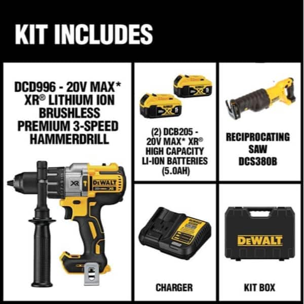 20V MAX XR Cordless Brushless 3-Speed 1/2 in. Hammer Drill, Reciprocating Saw, and (2) 20V 5.0Ah Batteries