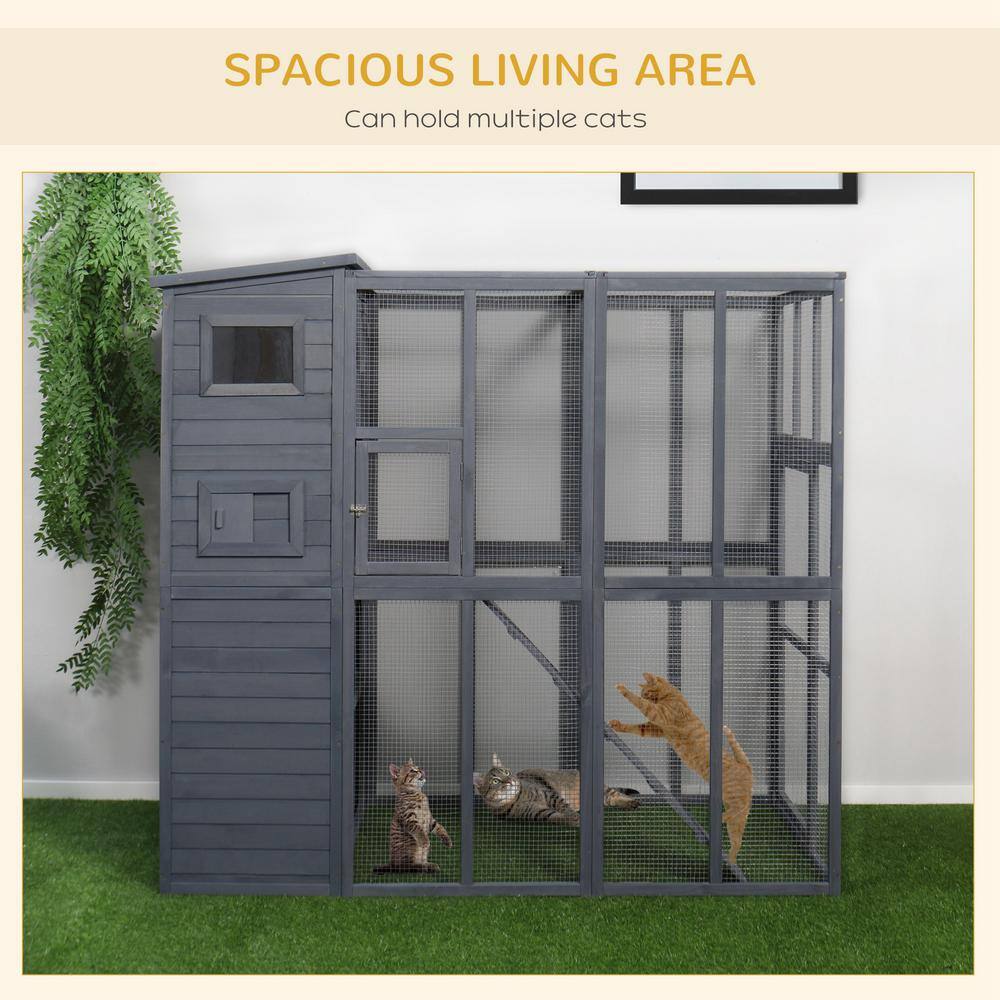 Gray Wooden Outdoor Cat House with Platforms and Ramps