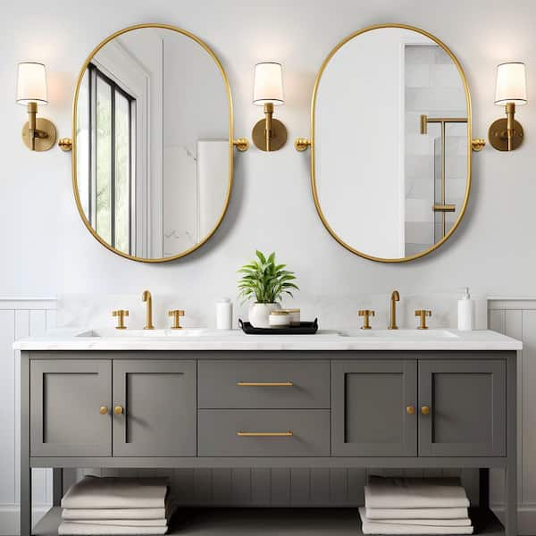 Gold 2-Piece 23 in. W x 32 in. H Oval Metal Bathroom Mirror Pivoting Accent Mirror for Living Room Bedroom Entryway