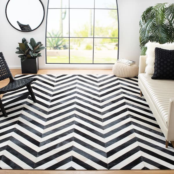 Studio Leather White Black 8 ft. x 10 ft. Abstract Chevron Area Rug