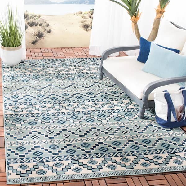 Veranda Turquoise/Blue 7 ft. x 7 ft. Aztec Tribal Indoor/Outdoor Square Area Rug