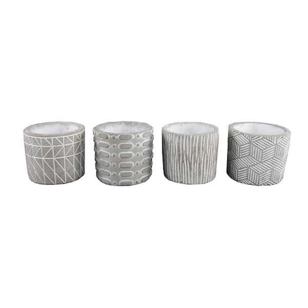 Flora Bunda 4 in. Gray Cement Pattern Pots Planter Mid-Century Planter(Set of 4)