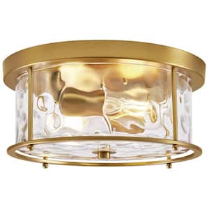 12.5 in. 2-Light Gold Flush Mount Water Ripple Glass Ceiling Light with Metal Frame