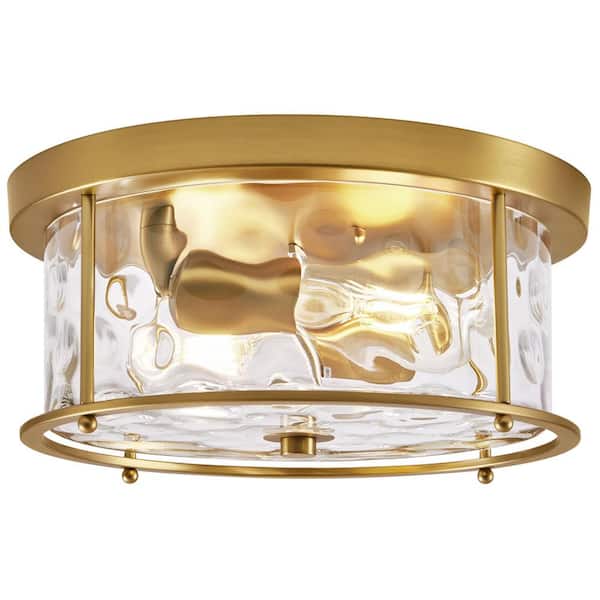 LamQee 12.5 in. 2-Light Gold Flush Mount Water Ripple Glass Ceiling Light with Metal Frame