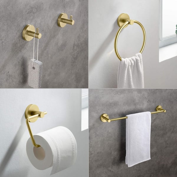 5-Piece Bathroom Hardware Set with Towel/Robe Hook Toilet Paper Holder Towel Ring Towel Bar/Rack in Brushed Gold