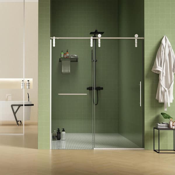 60 in. W x 76.68 in. H Sliding Frameless Shower Door in Nickel Finish with Clear Glass