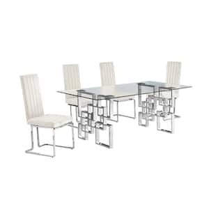 Dominga 5-Piece Rectangular Glass Top With Stainless Steel Base Dining Set With 4 Cream Velvet Fabric Chrome Chair