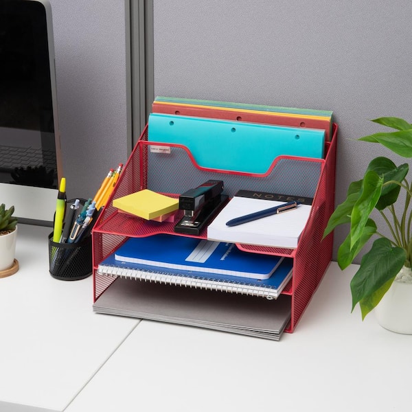 Red Desk Organizer, Desk Accessories for Office, Desktop Organizer