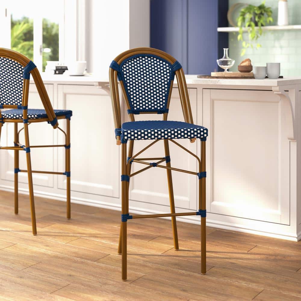 Navy and White Woven Metal Frame Bar Stools, Set of 2