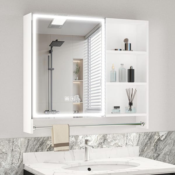32 in. W x 28 in. H White Rectangular Aluminum LED Light Medicine Cabinet with Mirror, Towel Rack