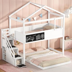 White Twin Over Full Wood House Bunk Bed with Blackboard and Storage Staircase
