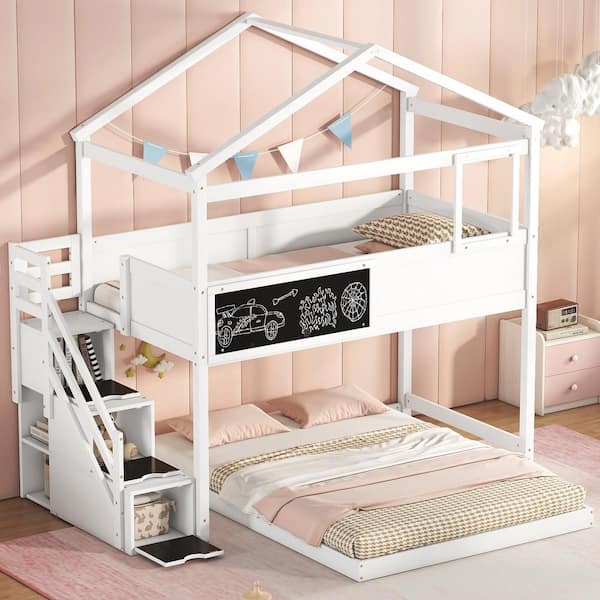 Harper & Bright Designs White Twin Over Full Wood House Bunk Bed with ...
