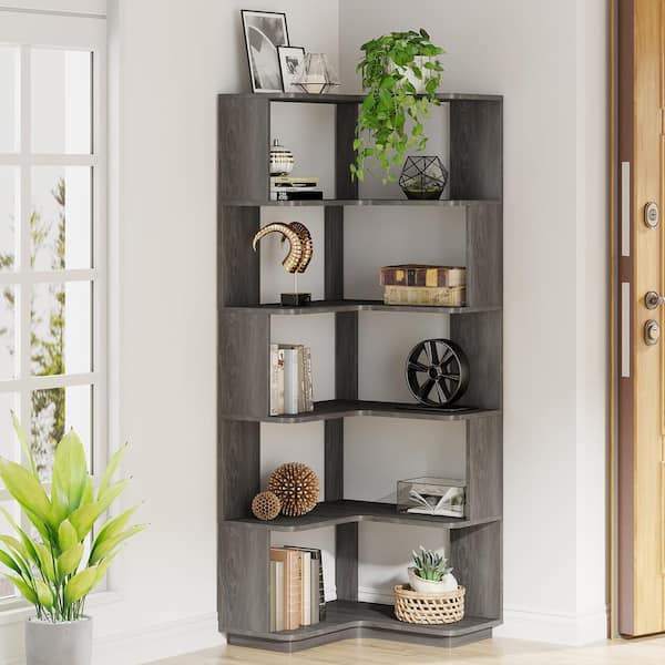 Jannelly 65 in. Gray Engineered Wood 6-Shelf Corner Standard Bookcase Bookshelf with Anti-Drop Panel