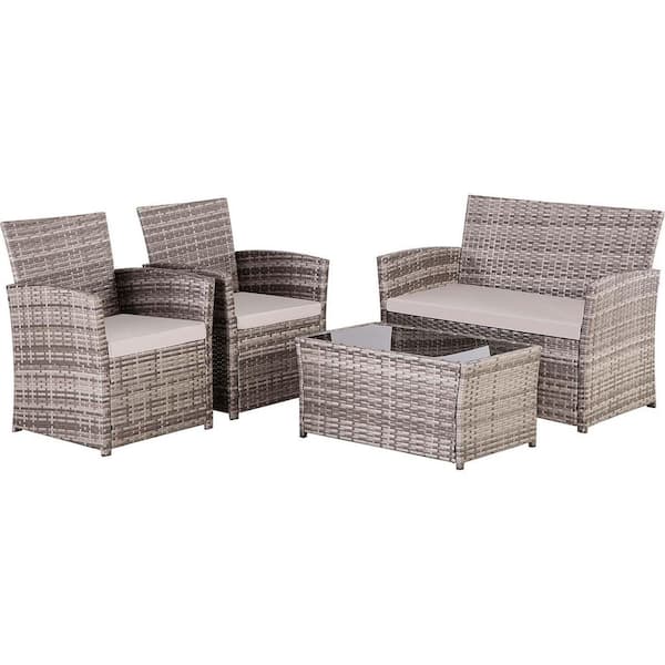 4 Piece PE Wicker Outdoor Conversation Set Sectional Sofa Set with ...