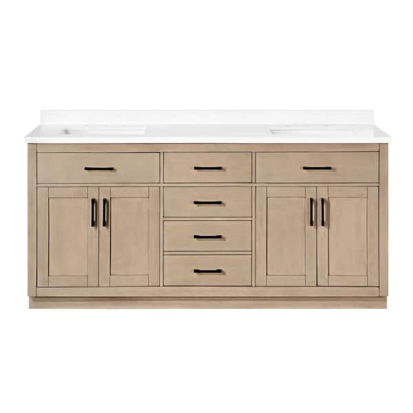 Bailey 72 in. Double Sink Sahara Birch Bath Vanity with White Quartz Top and Integrated Power Outlet (Assembled)