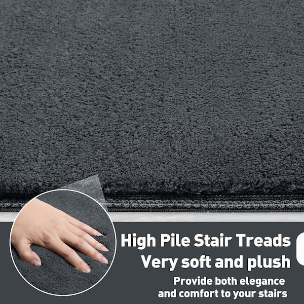 Soft Plush Dark Gray 9.5 in. x 30 in. x 1.2 in. Bullnose Indoor Stair Tread Cover Tape Free Non-slip Carpet Set of 14