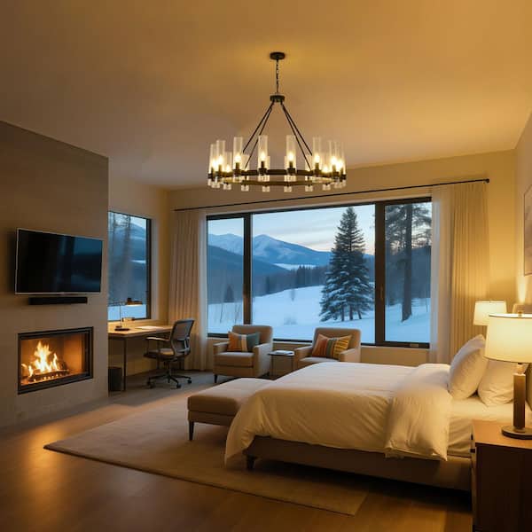 Modern 16-Light Black Wagon Wheel Chandelier with Clear Glass Shade