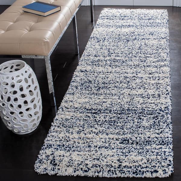 Hudson Shag 2 ft. x 14 ft. Ivory/Navy Solid Marle Runner Rug