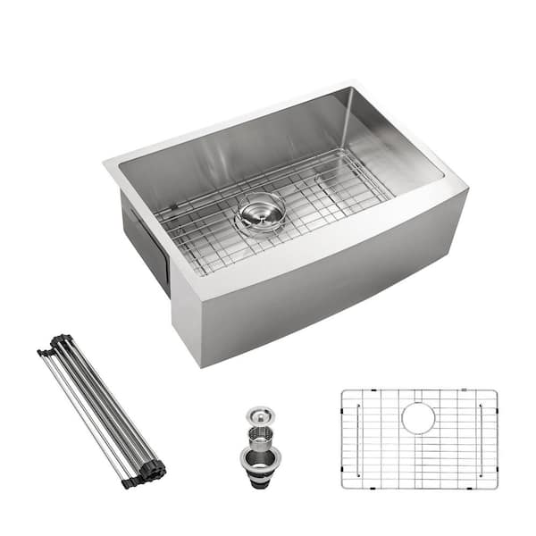 33 in. Apron Front Single Bowl 16 Gauge Brushed Nickel Stainless Steel Kitchen Sink with Dish Grid, Drying Rack