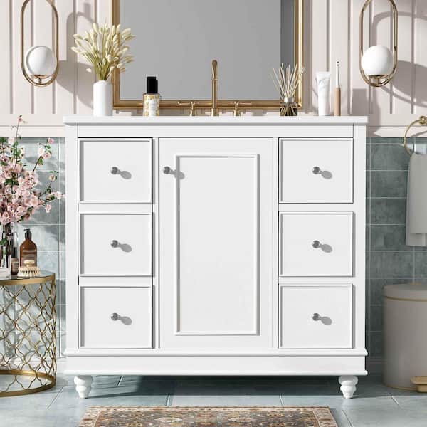 36 in. W Single Sink Freestanding Bath Vanity in White with White Ceramic Top, 4-Drawers and Adjustable Shelves