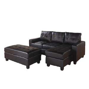 83 in. W 3-Piece Leather Reversible Sectional Sofa in Black