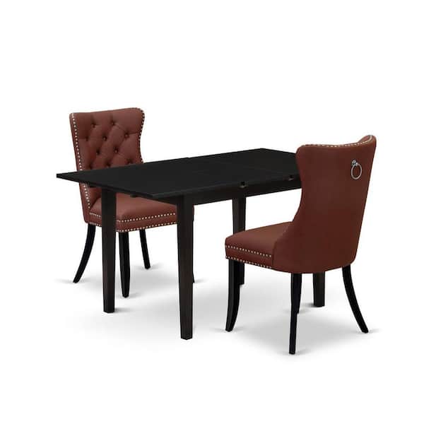 East West Furniture 3-Piece Black Finish Rectangular Solid Wood Top with Butterfly Leaf Dining Table Set